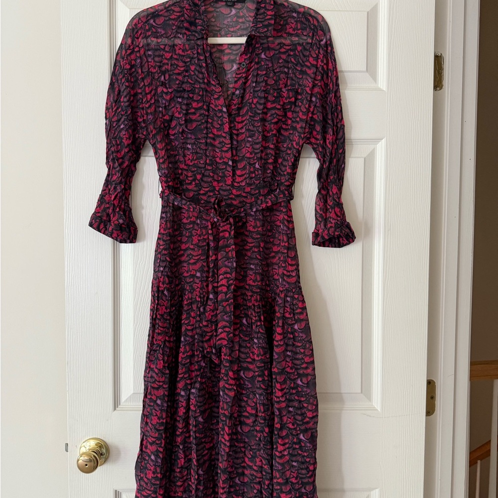All Saints Red and Blue Wrap Dress with Ruffled 3/4 Sleeves